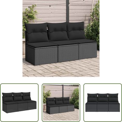 Gartenmöbel -  Gartensofa mit Kissen 3-Sitzer Schwarz Poly Rattan (1/5)