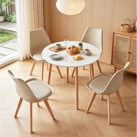 Ensemble table ronde et 4 chaises de salle à manger, table 80 x 80 cm, sièges en cuir régénéré et pieds en bois, pour cuisine et coin repas CHICFURN (1/5)