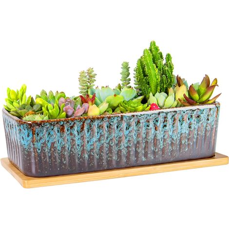 pot de fleurs rectangulaire en céramique de 12 cm avec plateau de drainage, pour cactus d'intérieur, plantes grasses, bonsaï peu profond, décoration de jardin (blanc) (1/5)