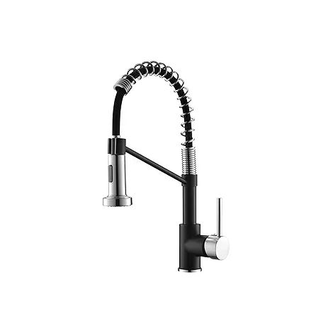 Robinet mono-trou sans flexible d'alimentation, levier unique en cuivre avec douchette extractible, finition noir mat, mitigeur de cuisine robuste (1/3)