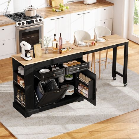 Îlot de cuisine mobile 112-180x45 cm avec plateau extensible, rangements et roulettes, MDF et naturel - noir (1/5)