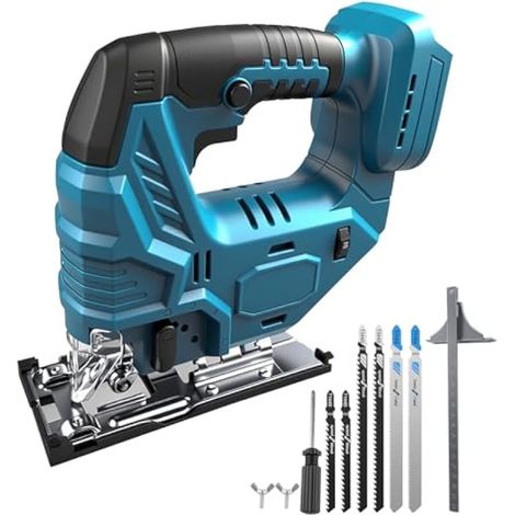 Scie sauteuse sans fil pour Makita 18 V, scie électrique excentrée sans balais de 800 W avec 5 vitesses variables, angle de coupe à angle de ±45°, 6 lames de scie à manche en T (sans batterie)