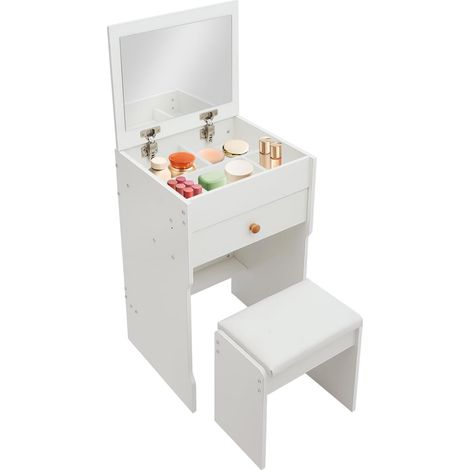 Coiffeuse autoportante avec miroir pliant, chaise, 1 tiroir, 1 compartiment de rangement pliable avec séparateurs, capacité de charge 90 kg, petite coiffeuse avec miroir (blanc)