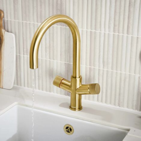 3 in 1 Instant Hot Water Kitchen Tap Swan Swivel Spout Brushed Brass Finish (1/5)