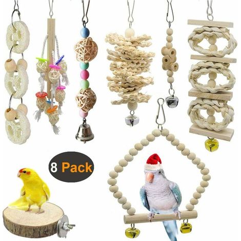 Lot de 8 jouets pour oiseaux, balançoire pour oiseaux et perroquets, jouets pour cage à oiseaux - suspension en bois naturel, pour petites perruches, calopsittes, perruches ondulées (1/5)