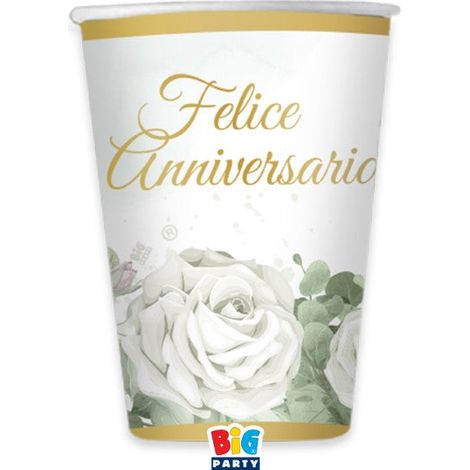 Big Party Bicchieri Carta Felice Anniversario Eucalipto 250 Cc Bianco Verde
