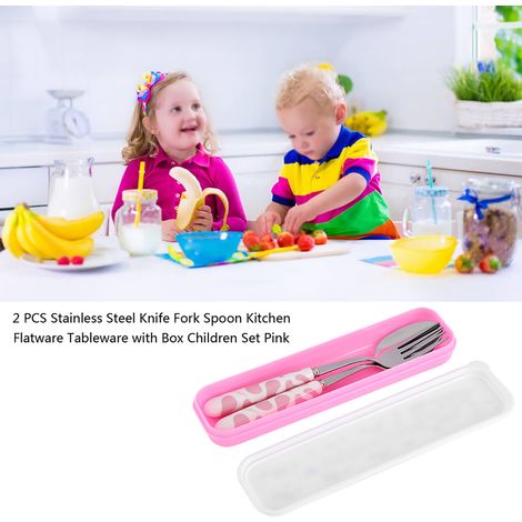 Ensemble de 2 couverts de cuisine en acier inoxydable rose, comprenant un couteau, une fourchette et une cuillère, avec boîte. (1/5)