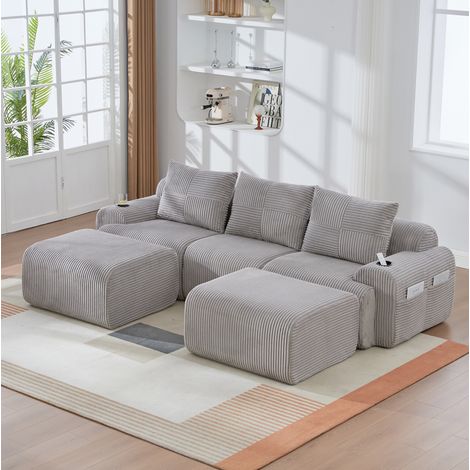 REDOM - Sofá modular 3 plazas, portavasos, bolsillo lateral, corduroy, gris claro (1/5)