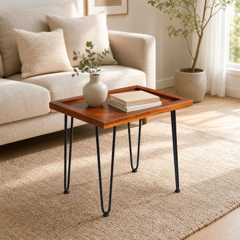 Table basse en bois massif avec pieds en métal peint, plateaux stables pour salon, chambre, bureau ou jardin, style feuille, CHICFURN (1/5)