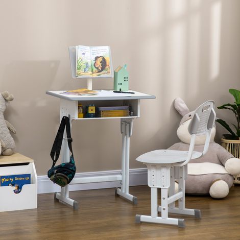 Bureau et chaise enfant avec support de lecture, compartiment de rangement, crochets et porte-stylo, 60 x 45 x 90–102 cm, gris (1/5)