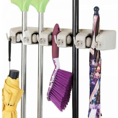 Porte balai mural avec 5 emplacements et 6 crochets – Plastique ABS – Capacité 15 kg – Dimensions 39.7 x 8.3 x 6.3 cm – Pour rangement intérieur et extérieur (1/4)
