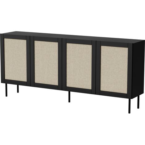 Buffet noir 200 cm avec 4 portes et façades en rotin Rota (1/3)