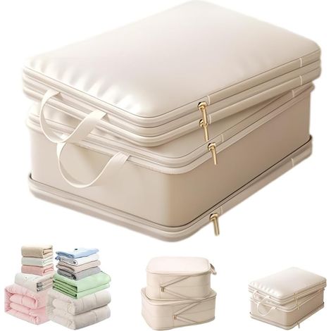Sac de rangement compressif à 2 couches - Avec fermeture éclair et poignée - Pour vêtements, couettes et couvertures - Beige - Petit (1/4)