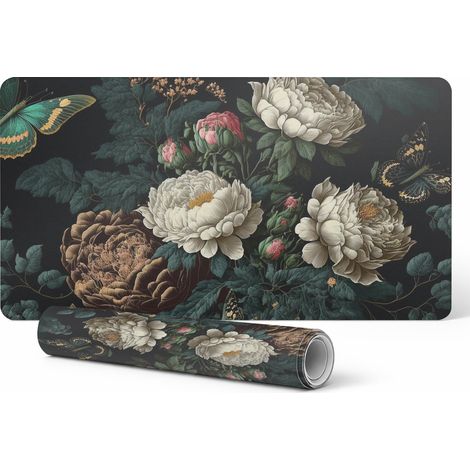 Protector de vinilo para el lugar de trabajo con estampado de flores y mariposas, 120 x 60 cm.