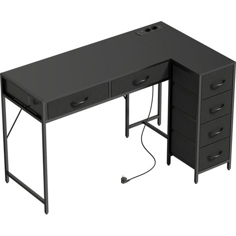 Scrivania Angolare 126x48x80 cm a 6 Cassetti con Gancio Laterale e Prese Integrate in Legno e Acciaio Nero (1/5)