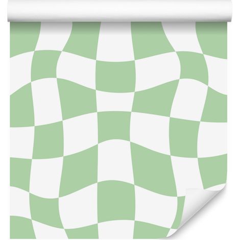Papel pintado informal a cuadros blancos y menta para salón y dormitorio, 50x1000 cm. (1/5)