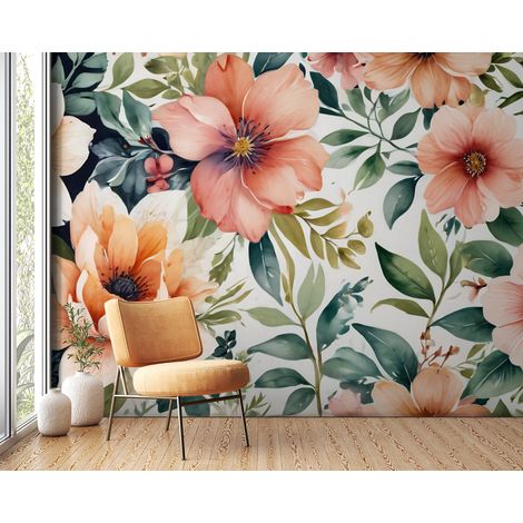 Papier peint fleuri - pivoines orange rétro - 150 x 250 cm (1/2)