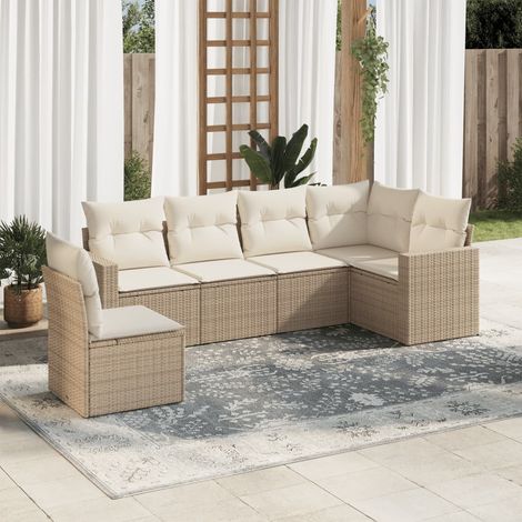 Ensemble Salon Jardin 6 Places Résine Tressée Beige avec Coussins - Canapé d'Angle Modulable (1/3)