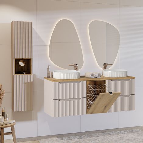 Lavabo doble de 160 cm con cesto para ropa sucia y juego de columnas Riva Cashmere y madera