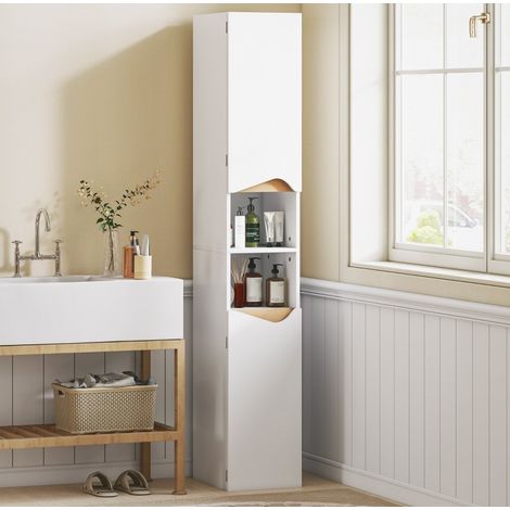 Armario alto de baño estrecho blanco 30 x 34,6 x 180,5 cm con 2 puertas y 2 compartimentos abiertos (1/5)