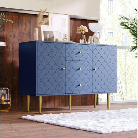 Cómoda de 3 cajones con 2 puertas, estante ajustable, para salón, dormitorio, azul (1/5)