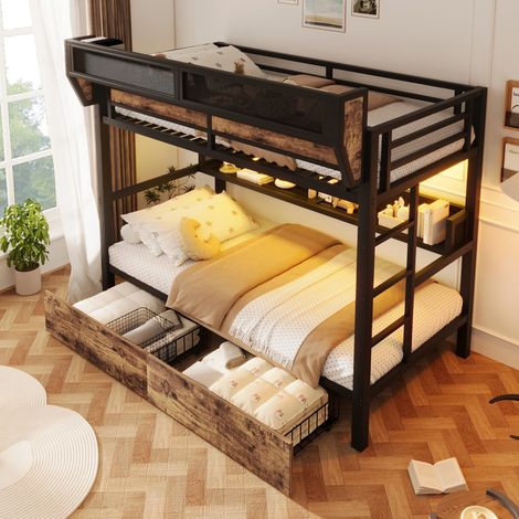 Lit mezzanine enfant 90x200 cm en métal avec LED, étagère, panier rangement et 2 tiroirs - Noir (1/5)