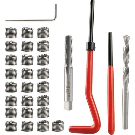 30Pcs Kit de Réparation de Filetage M6 Outil d'insertion de Filetage Rapporté Métrique en Acier Inoxydable, Ensemble Réparation de Filetage avec Clé, Foret Hélicoïdal HSS et Taraud de Filet M6 (1/5)