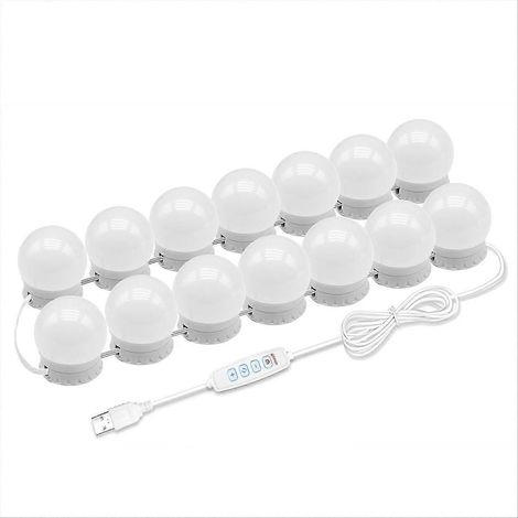 Miroir de maquillage lumineux à LED avec 14 ampoules à intensité variable et 10 niveaux de luminosité réglables, idéal pour la coiffeuse ou la salle de bain. (1/5)