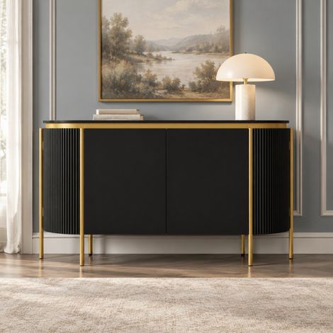 Buffet 140/38/80 cm noir avec 4 portes, passe-câbles et pieds en métal (1/5)