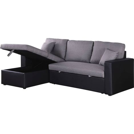 Divano ad angolo trasformabile con contenitore "Alain" - 221 x 145 x 85 cm - 3 posti a sedere - Grigio / Nero