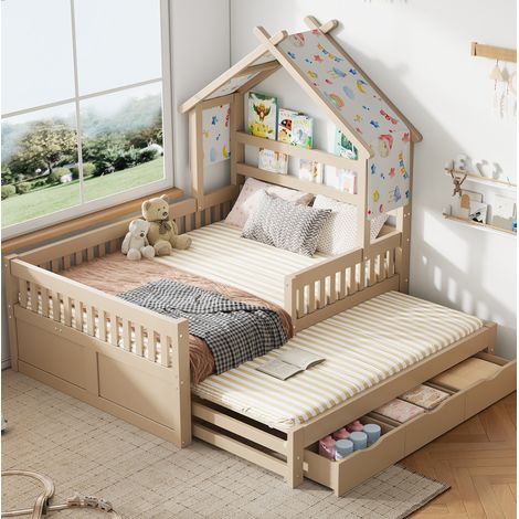 Cama casa 140x200 de madera con cajones y cama nido HAVRYA (1/5)