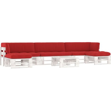 Salon de jardin palette 6 pcs et coussins Pin imprégné de blanc
