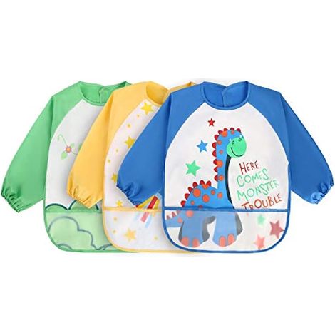 Bavoirs à manches longues, lot de 3, imperméables, pour bébé, repas, peinture, bricolage, tablier avec poche avant, enfant 24 mois
