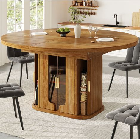 Mesa extensible redonda (118x118x77 cm), con almacenamiento, frentes de cristal ámbar, MDF, nogal (1/5)