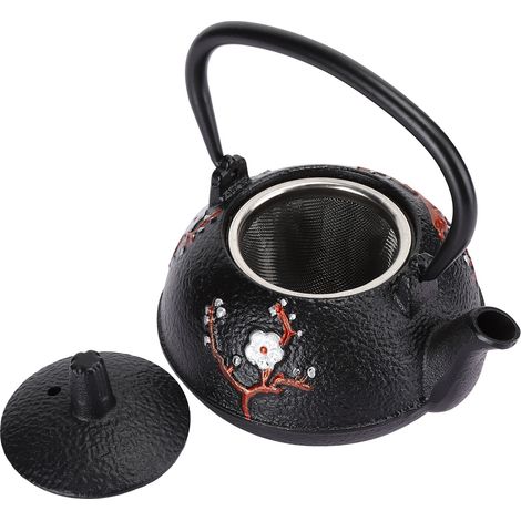 Théière japonaise en fonte non revêtue, ornée d'un motif de pie et de fleurs de prunier, idéale pour offrir ou décorer, 0,3 litre. (1/5)