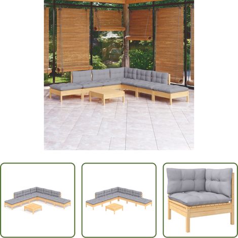 Holzgartenmöbel - 8-tlg. Garten-Lounge-Set mit Grauen Kissen Kiefernholz (1/5)