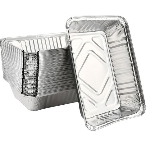50 moules jetables en aluminium - plat de cuisson à graisse - doublure de lèchefrite - barquette alu - gril en aluminium - idéal BBQ, plage, camping, pique-nique, fête - argent (1/5)