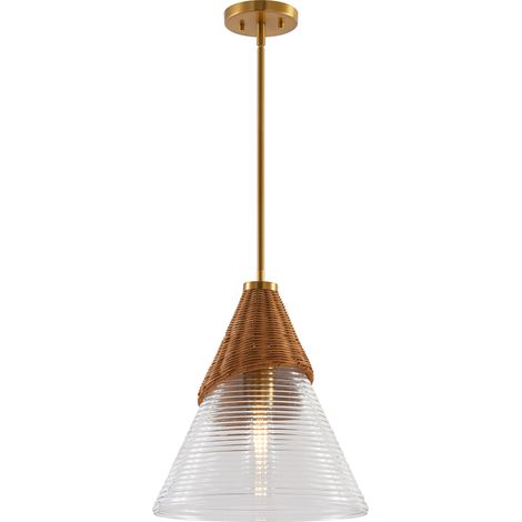 Parrot Uncle 35cm Rattan Pendant Light, Gold Ribbed Glass Ceiling Lamp with E27 Bulb Holder, Adjustable Hanging Light for Living Room, Dining Room, Bedroom