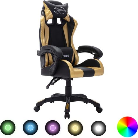 Chaise de bureau Fauteuil gamer avec LED RVB - Fauteuil de jeux vidéo Doré et noir Similicuir BV834116 - BonneVie (1/5)