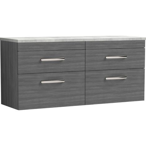 Millwich Contemporary 4 Drawer Wall Hung Vanity Unit with Laminate Black Galaxy Granite Worktop, Anthracite Woodgrain, 1200mm