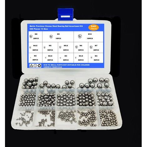 540 Pièces 12 Tailles Kit D'Assortiment de Roulement à Bille en Acier Chromé de PréCision MéTrique, Acier Inoxydable Bille Roulement pour Roulette Patin, 2/2.5/3/3.5/4/4.5/5/6/7/8/9/10 mm (1/5)