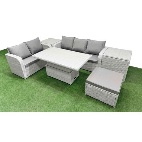 Fimous 6 Seater PE Rattan Wicker Garden Furniture Patio Conservatory Sofa Set with Adjustable Lifting Dining or Coffee Table 3 Seater Sofa Love Sofa Big Footstool 2 Side Table (1/5)