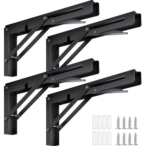 4 Pièces Support d' Étagères Pliable, Équerre Pliante Support Console Pliants, Murale Supports Pliante en Métal, Pour Table Etagere Murale Garage Cuisine Chambre Bureau (Noir, 350mm) (1/5)