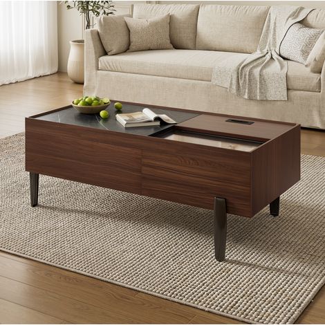 Mesa baja 105x50x41,5 cm con cubierta de vidrio, 2 cajones, compartimento de almacenamiento y patas de metal, marrón oscuro (1/5)