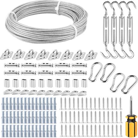 Kit de montage pour voile d'ombrage avec câble métallique 20 m, pack d'installation d'auvent en acier inox 304, accessoire de fixation pour toile triangulaire et carrée, hamac, espace extérieur, balco (1/5)