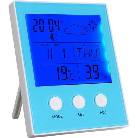 Thermomètre Hygromètre Numérique Bleu Horloge et Alarme pour Maison ou Bureau (1/5)