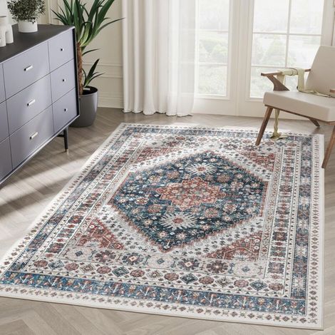 Tapis de salon 4060cm bleu et rouge imitation cachemire lavable tapis de sol lavable rétro grande surface tapis anti-salissure tapis décoration (1/5)