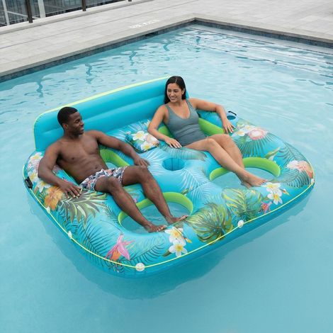 Bouee Piscine Adulte avec Filet, Fauteuil Gonflable Piscine avec Porte-Gobelet et Poignée, 0,4 mm Epaissi Geante Bouée Gonflable Matelas Piscines Filet, Double Fauteuil Eau Piscines