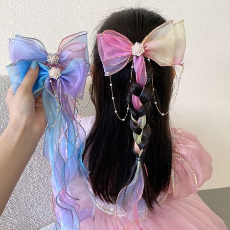 2pcs Sirène Licorne Cadeaux Fête pour Filles, Pince à Cheveux Irisée Princesse Barrette avec Rubans Franges, Épingle Longue Queue Rose Bleue Accessoire Coiffure Anniversaire Cosplay (1/5)