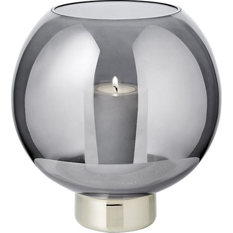 Lanterne Photophore en Verre Cristal Foncé et Socle Platine Argentée H 21 cm Ø 19,5 cm - PANGIVO (1/5)